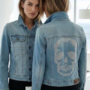NWT $498 ZADIG & VOLTAIRE Kioky studded skull fitted denim jacket S